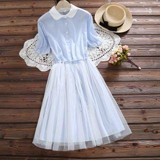 Mesh Overlay Pinstripe Short-sleeve Dress