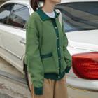 Two-tone Collared Cardigan Green - One Size