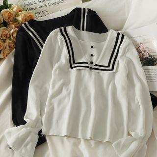 Stripe-trim Peter Pan-collar Crop Knit Top
