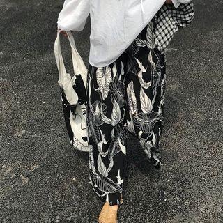 Wide-leg Leaf Print Pants / Lettering Light Hoodie