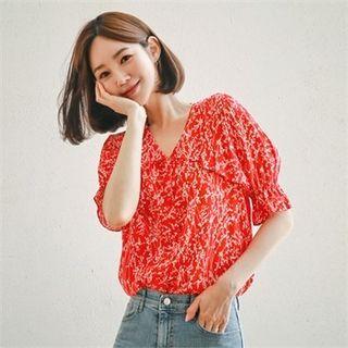 V-neck Frill-trim Patterned Blouse