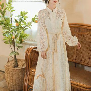 Lantern-sleeve Tie-waist Lace Midi A-line Dress