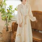 Lantern-sleeve Tie-waist Lace Midi A-line Dress