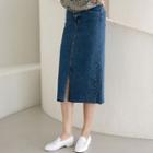 Frayed Denim H-line Midi Skirt