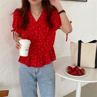 Short-sleeve Polka Dot Drawstring Blouse