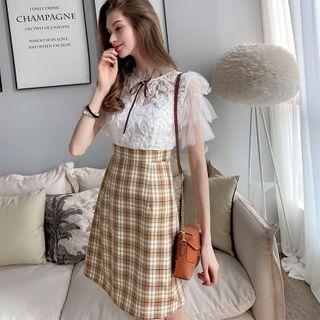 Cap-sleeve Plaid Panel A-line Dress