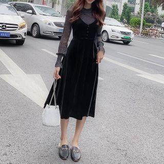 Set: Glitter Long-sleeve Top + Midi A-line Velvet Overall Dress