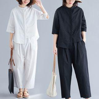 Set: Short-sleeve Striped Blouse + Harem Cropped Pants