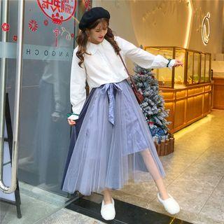 Peter-pan-collar Blouse / Mesh Midi A-line Skirt