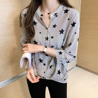 Star Print Striped 3/4-sleeve Shirt
