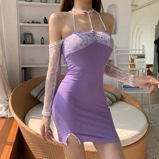 Cold-shoulder Lace Panel Mini Sheath Dress