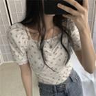 Puff-sleeve Floral Shirred Knit Top + Floral Camisole