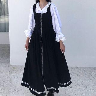 3/4-sleeve Lace Trim Blouse / Striped Midi A-line Jump Dress