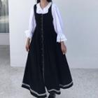 3/4-sleeve Lace Trim Blouse / Striped Midi A-line Jump Dress