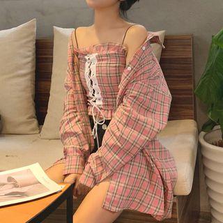 Set: Plaid Shirt + Lace-up Cropped Camisole Top