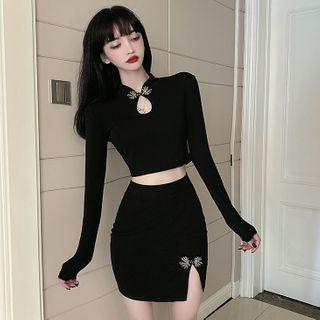 Set: Floral Embroidered Long-sleeve Cheongsam Top + Pencil Skirt