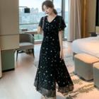 Short-sleeve Starry Print Chiffon A-line Maxi Dress
