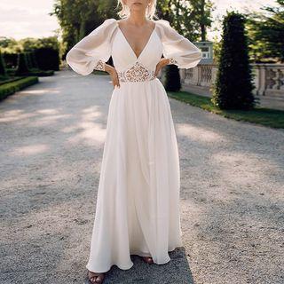 Puff-sleeve Lace Trim Sheath Evening Gown