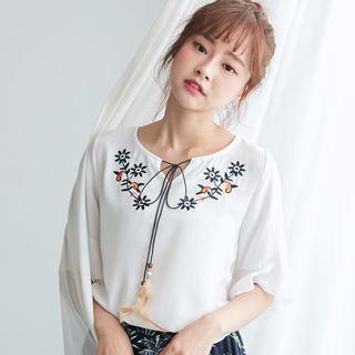 Elbow-sleeve Embroidery Tie-neck Top