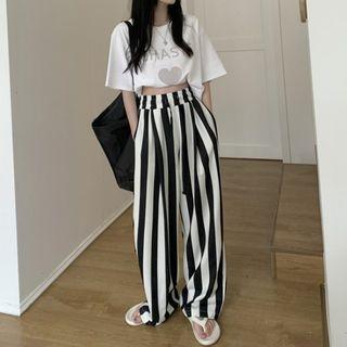 Short-sleeve Lettering Heart Print T-shirt / Striped Wide Leg Pants