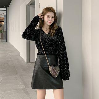 Long-sleeve Dotted Velvet Top Black - One Size