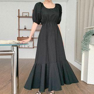 Puff-sleeve Cutaway-back Ruffle-hem Dress