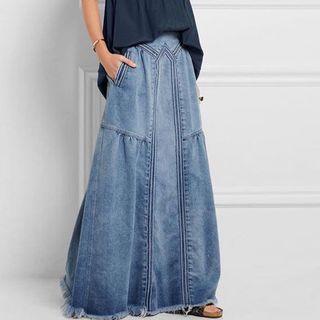 Tassel Trim Midi A-line Denim Skirt
