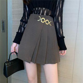 High Waist Pleated A-line Skirt With Chain