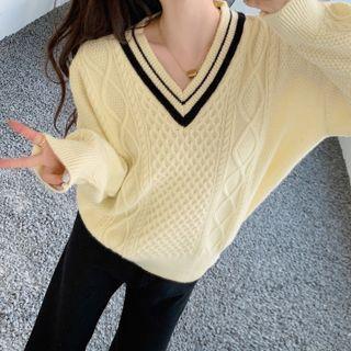 Contrast Trim V-neck Oversize Sweater Off-white - One Size