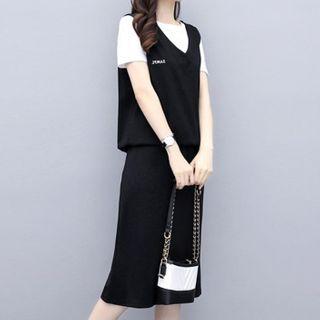 Set: Short-sleeve T-shirt + Lettering Vest + Midi Straight-fit Skirt