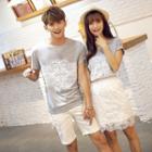 Couple Matching Print T-shirt / Lace Panel Skirt
