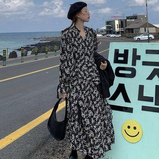 Long-sleeve Floral Print Drawstring Midi A-line Dress