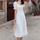 Puff-sleeve Butterfly Accent Midi A-line Dress
