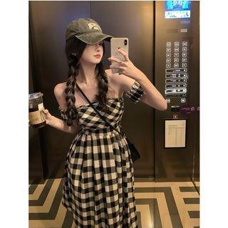 Off Shoulder Plaid A-line Dress Plaid - Black & White - One Size