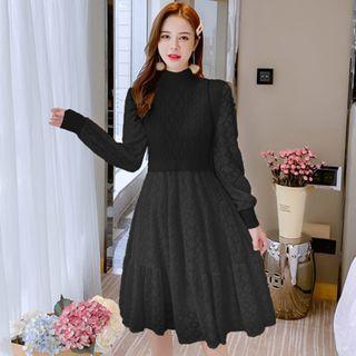 High-neck Knit Panel Lace Dress