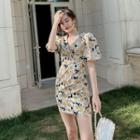 Floral Puff-sleeve V-neck Mini Sheath Dress