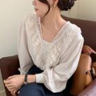 Long-sleeve Lace Trim Blouse Off-white - One Size
