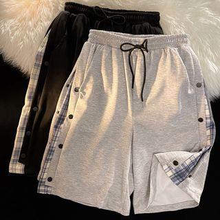 Plaid Panel Side-button Wide Leg Shorts