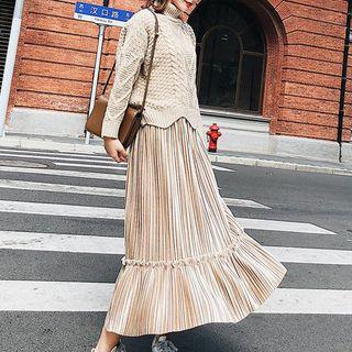 Set: Turtleneck Cable Knit Sweater + Velvet Pleated Midi Skirt