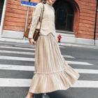 Set: Turtleneck Cable Knit Sweater + Velvet Pleated Midi Skirt