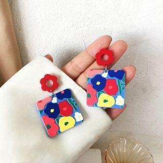 Flower Acrylic Dangle Earring 1 Pair - S925 Silver Needle Earring - Red Flower - Blue - One Size