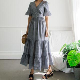 Checked Short-sleeve Midi A-line Dress Plaid - One Size