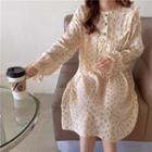 Long-sleeve Floral Print Frill Trim Midi A-line Dress Beige - One Size