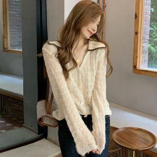 Contrast Trim Collar Pointelle Knit Cardigan