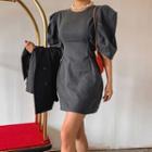 Puff-sleeve Pintuck-waist Mini Dress