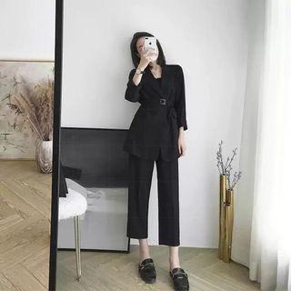 Set: Plain Single-button Blazer + Cropped Straight-fit Pants
