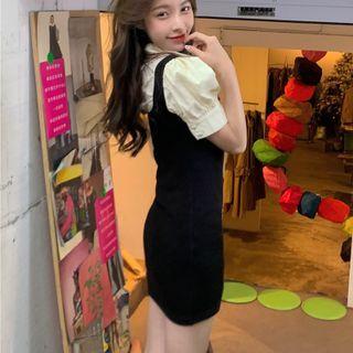 Puff-sleeve Collared Blouse / Mini Sheath Overall Dress