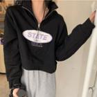 Stand Collar Letter Embroidered Cropped Sweatshirt