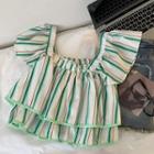 Puff-sleeve Striped Frill Trim Blouse Stripe - Green - One Size