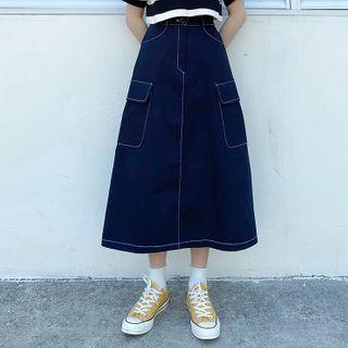 High-waist Pocket Midi Denim Skirt As Shown In Figure - One Size
